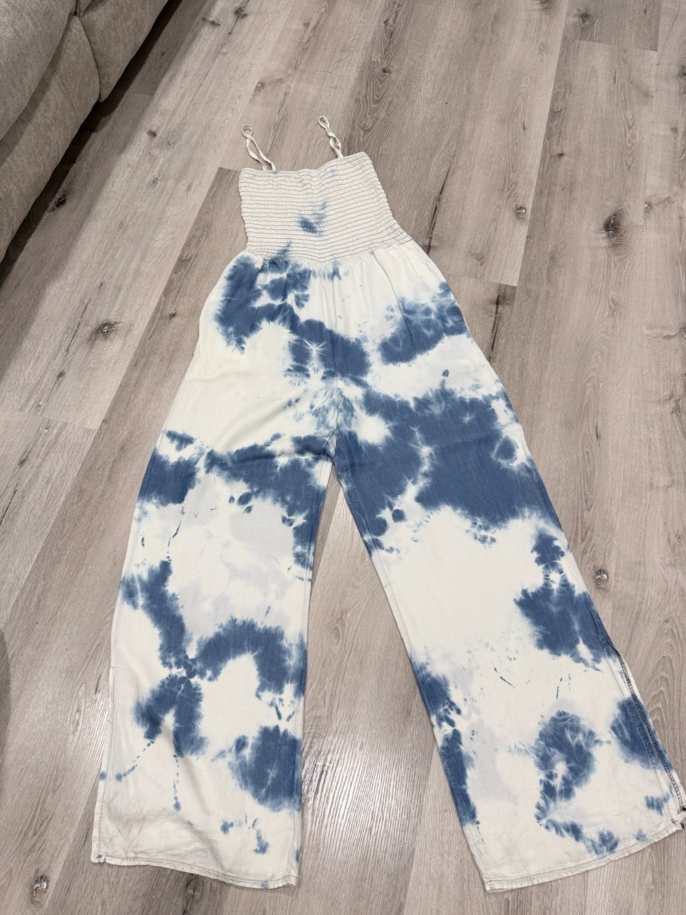Blue & White Tie-Dye Wide-Leg Jumpsuit with Smocked Bodice